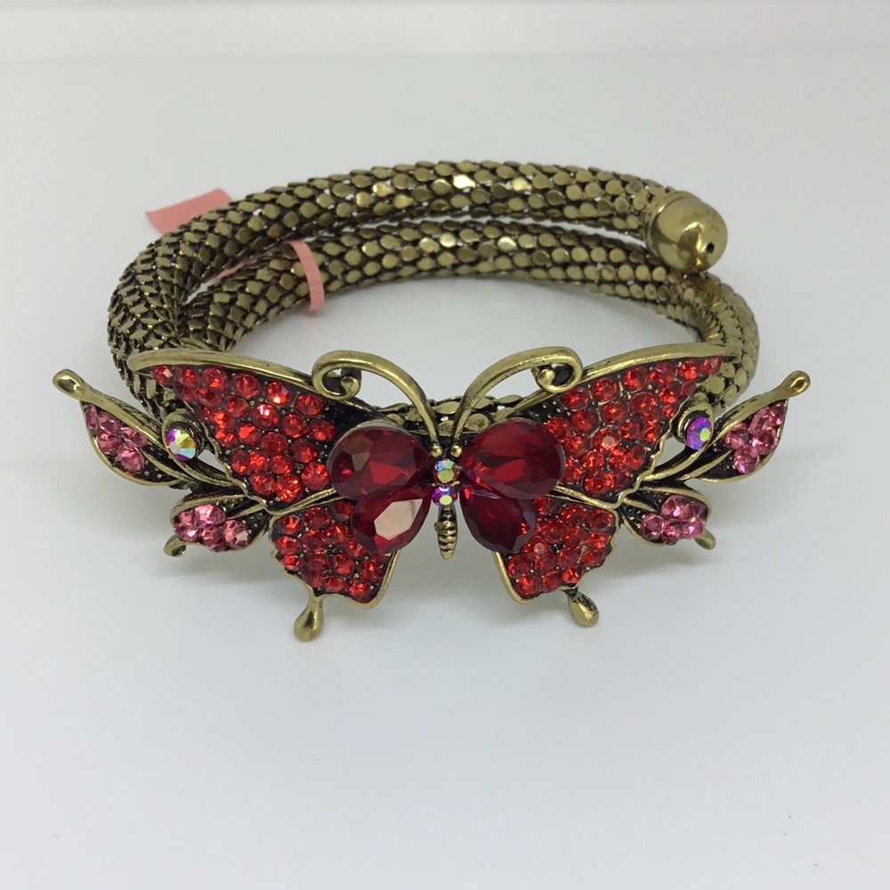 Butterfly Statement Bracelet with Red Rhinestones on Gold-tone Mesh Cuff NWT